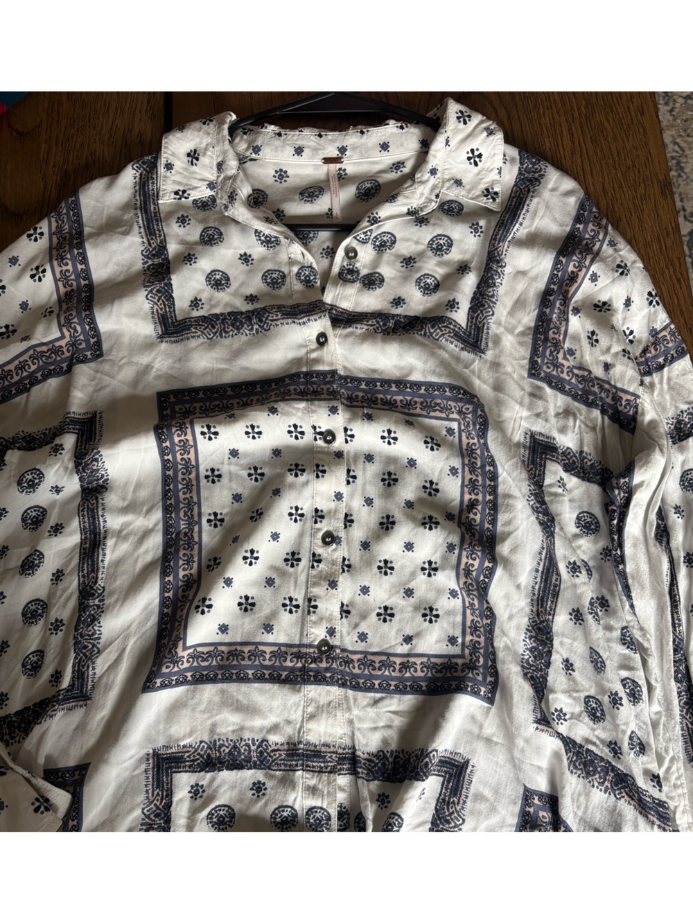 Free People Boho Printed Button Down Shirt Size Small Blue White